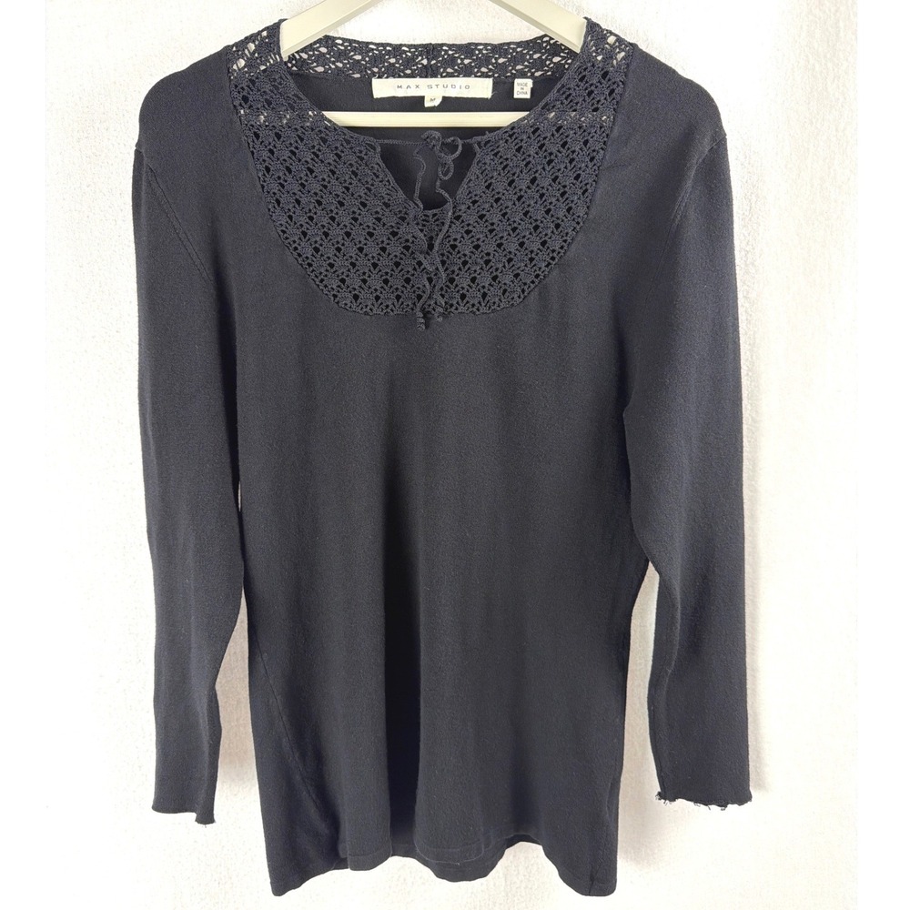 VTG Max Studio Womens Black Silk Blend Crochet Lace Yoke Long Sleeve Top Sz M